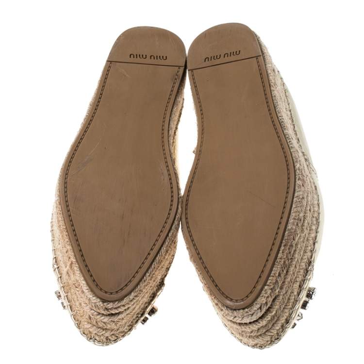 Pre Owned Miu Miu Metallic Gold Leather Crystal Embellished Platform Flats Espadrille Size 38