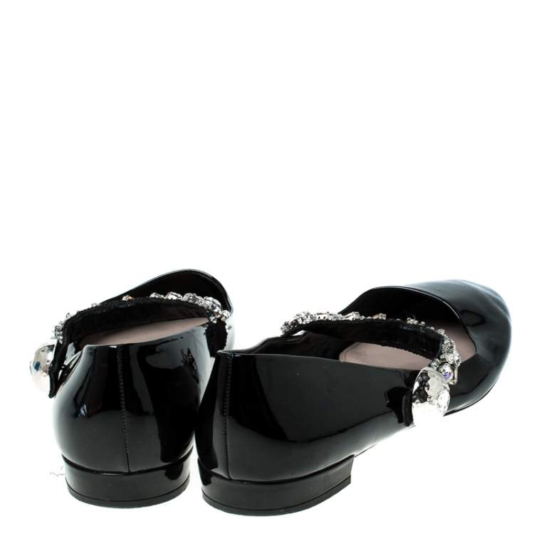 Pre Owned Miu Miu Black Patent Leather Crystal Embellished Strap Mary Jane Flats Size 41
