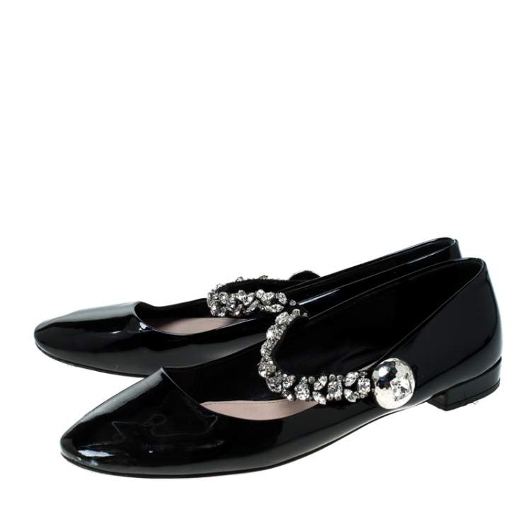 Pre Owned Miu Miu Black Patent Leather Crystal Embellished Strap Mary Jane Flats Size 41