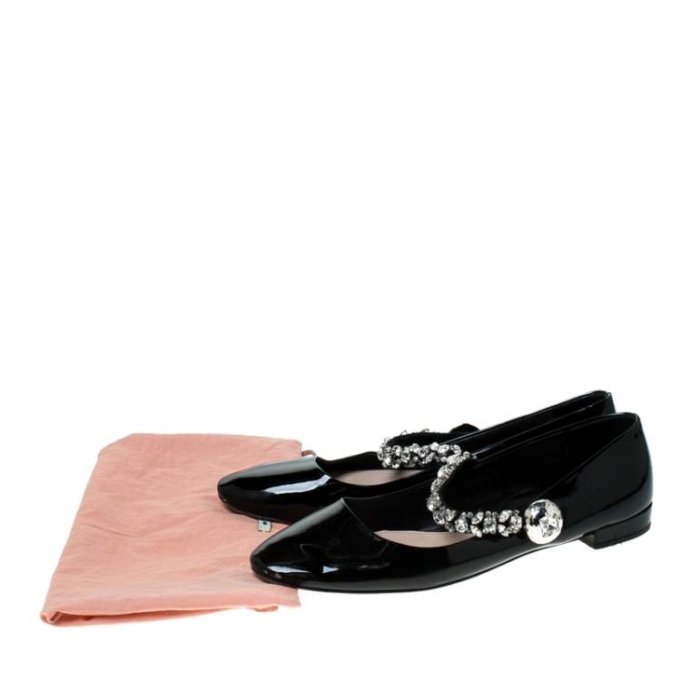 Pre Owned Miu Miu Black Patent Leather Crystal Embellished Strap Mary Jane Flats Size 41