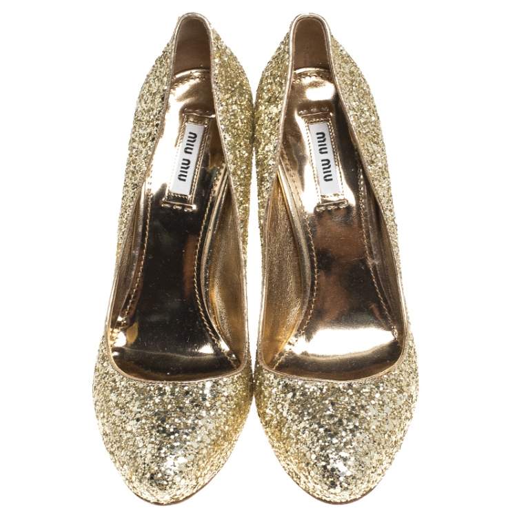 Pre Owned Miu Miu Metallic Gold Coarse Glitter Platform Pumps Size 38.5