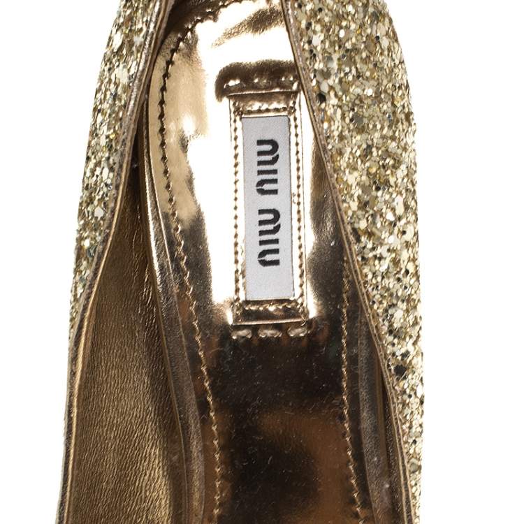 Pre Owned Miu Miu Metallic Gold Coarse Glitter Platform Pumps Size 38.5