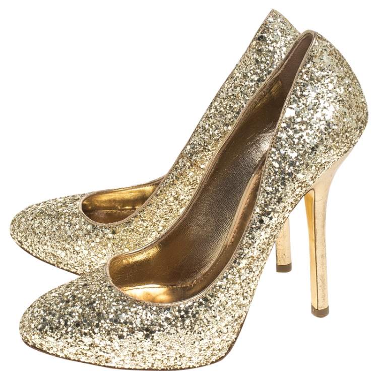 Pre Owned Miu Miu Metallic Gold Coarse Glitter Platform Pumps Size 38.5