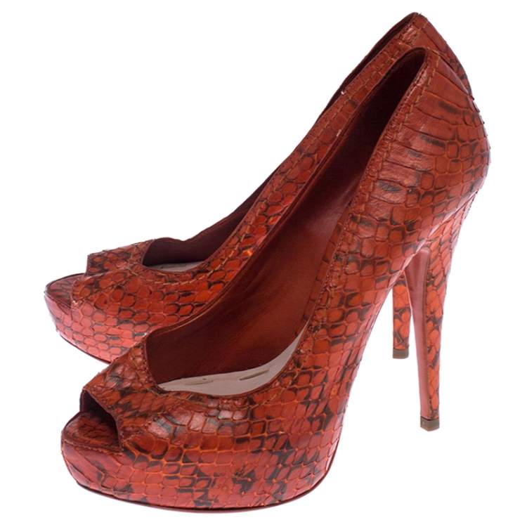 Pre Owned Miu Miu Orange Python Leather Peep Toe Platform Pumps Size 38
