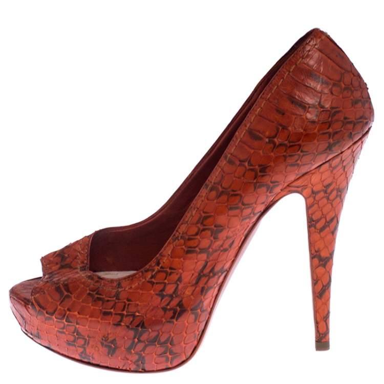 Pre Owned Miu Miu Orange Python Leather Peep Toe Platform Pumps Size 38