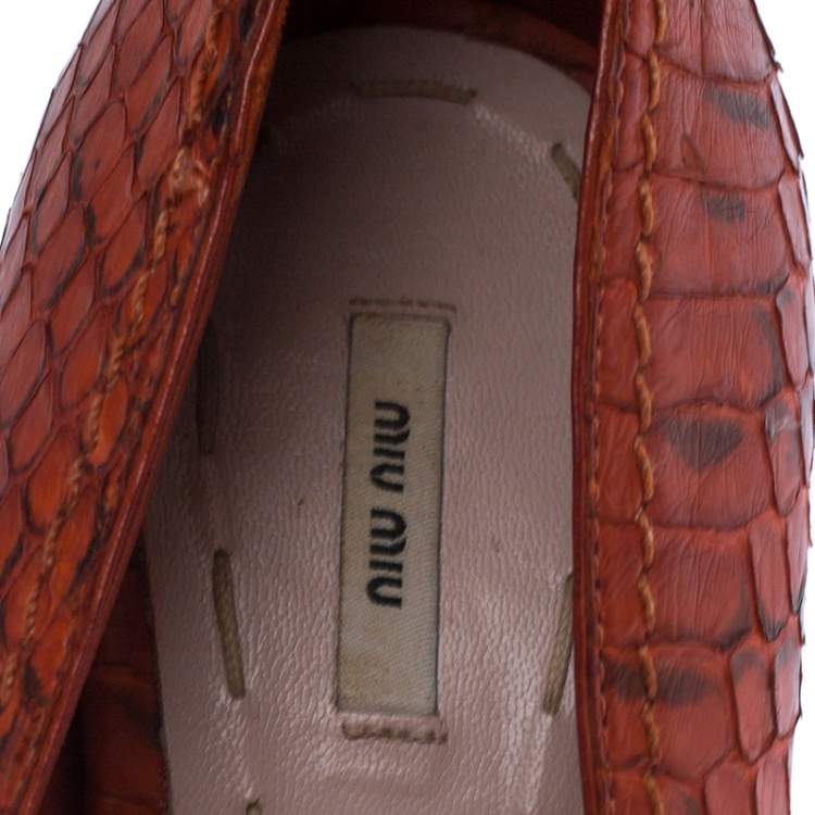 Pre Owned Miu Miu Orange Python Leather Peep Toe Platform Pumps Size 38