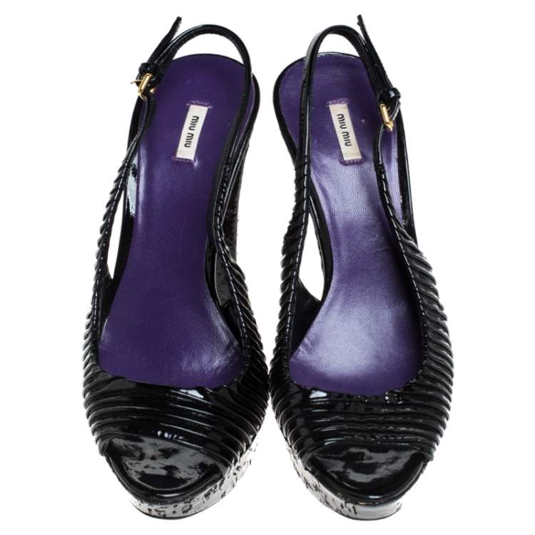 Pre Owned Miu Miu Black Pleated Leather Peep Toe Platform Slingback Sandals Size 38.5