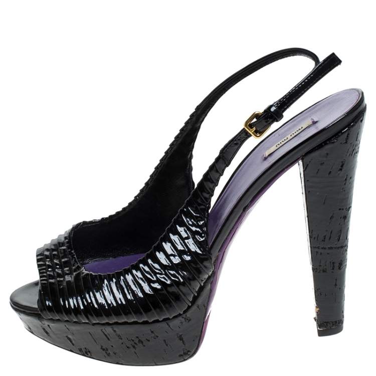 Pre Owned Miu Miu Black Pleated Leather Peep Toe Platform Slingback Sandals Size 38.5