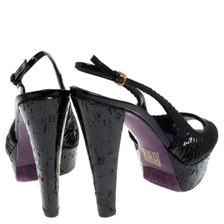 Pre Owned Miu Miu Black Pleated Leather Peep Toe Platform Slingback Sandals Size 38.5