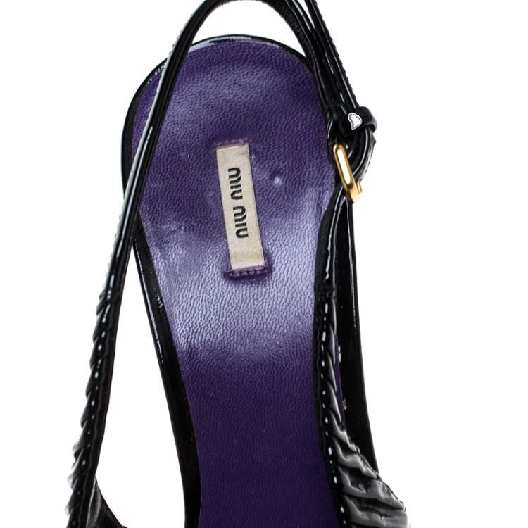 Pre Owned Miu Miu Black Pleated Leather Peep Toe Platform Slingback Sandals Size 38.5