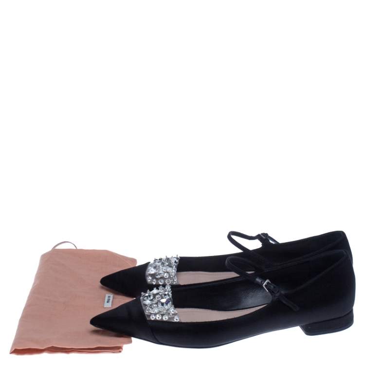 Pre Owned Miu Miu Black Satin Jewel Embellished Ballet Flats Size 39