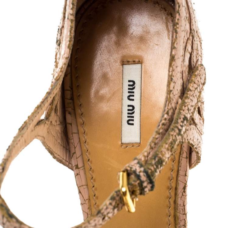 Pre Owned Miu Miu Pale Pink Lasercut Cranks Leather Ankle Strap Platform Pumps Size 38