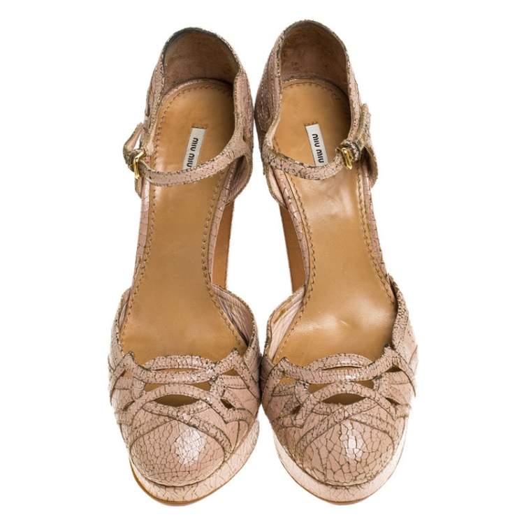 Pre Owned Miu Miu Pale Pink Lasercut Cranks Leather Ankle Strap Platform Pumps Size 38