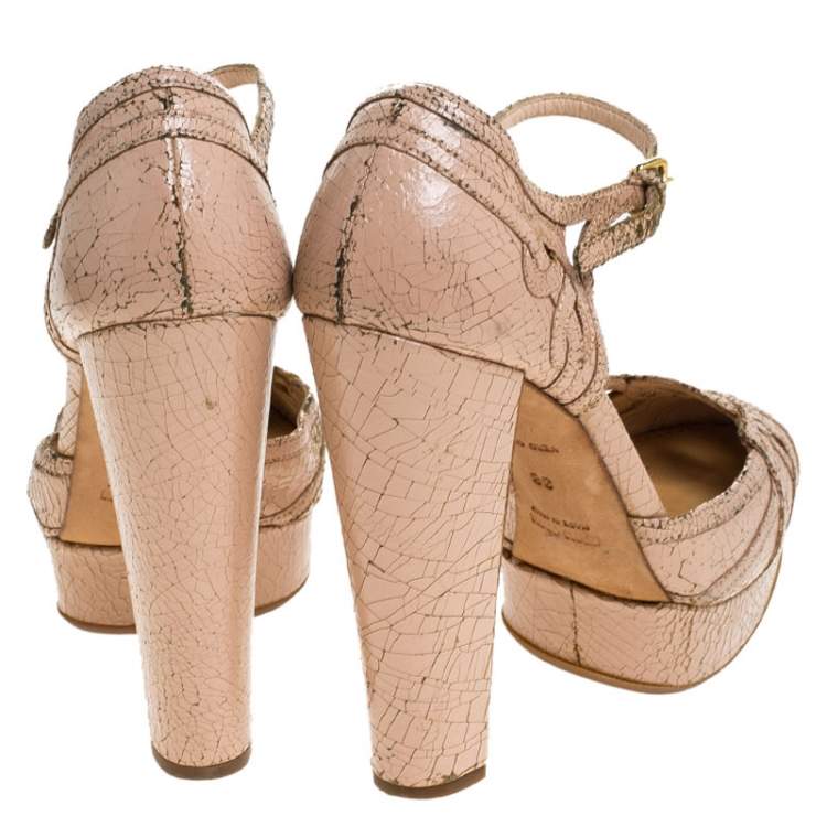 Pre Owned Miu Miu Pale Pink Lasercut Cranks Leather Ankle Strap Platform Pumps Size 38