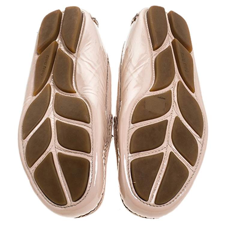 Pre Owned Miu Miu Beige Patent Leather Embellished Loafers Size 38
