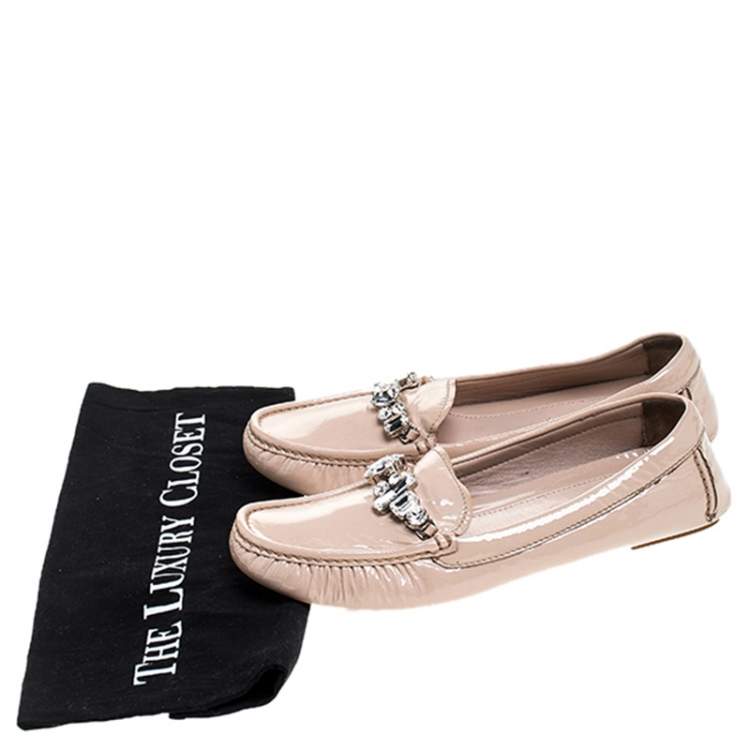 Pre Owned Miu Miu Beige Patent Leather Embellished Loafers Size 38