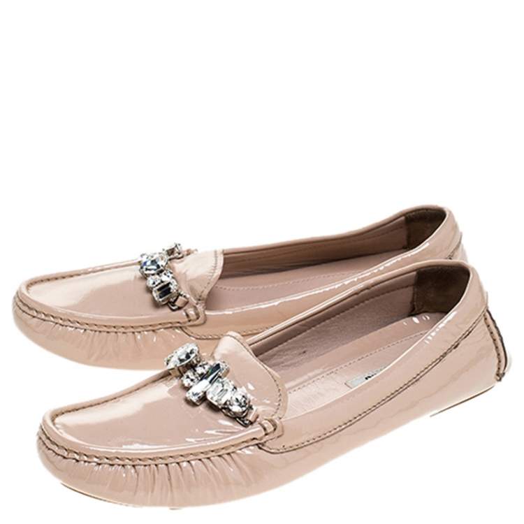 Pre Owned Miu Miu Beige Patent Leather Embellished Loafers Size 38