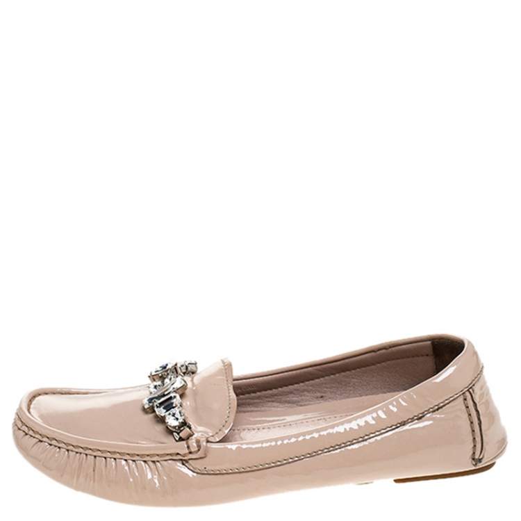Pre Owned Miu Miu Beige Patent Leather Embellished Loafers Size 38