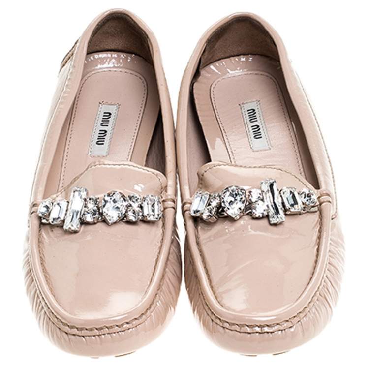 Pre Owned Miu Miu Beige Patent Leather Embellished Loafers Size 38