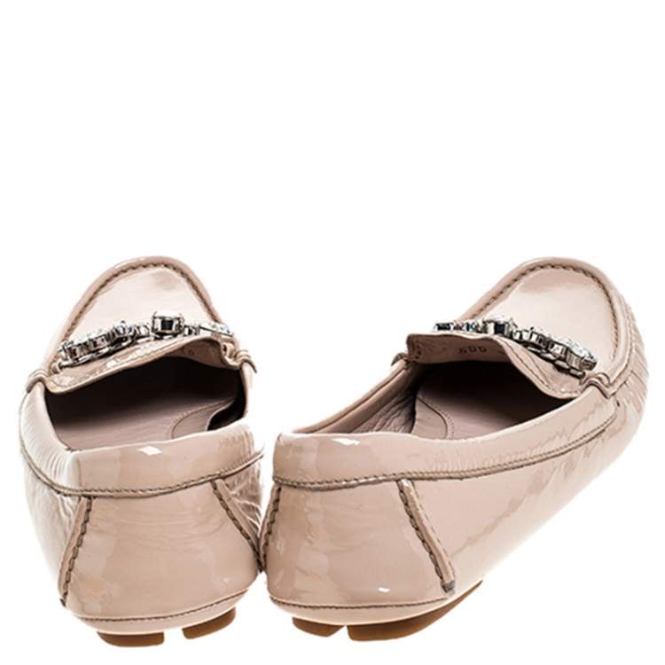 Pre Owned Miu Miu Beige Patent Leather Embellished Loafers Size 38