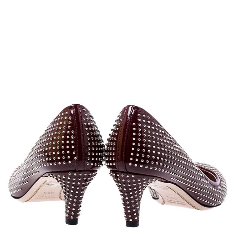 Pre Owned Miu Miu Burgundy Patent Leather Silver Studded Pumps Size 35.5