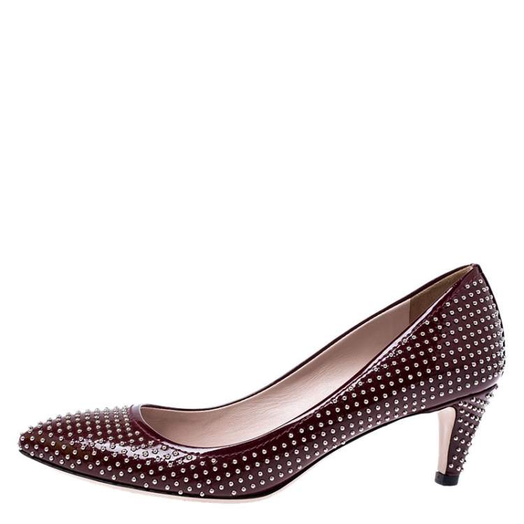 Pre Owned Miu Miu Burgundy Patent Leather Silver Studded Pumps Size 35.5