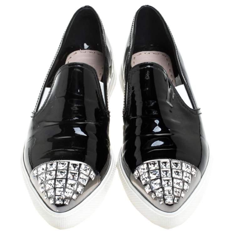 Pre Owned Miu Miu Black Patent Leather Embellished Slip On Loafers Size 37