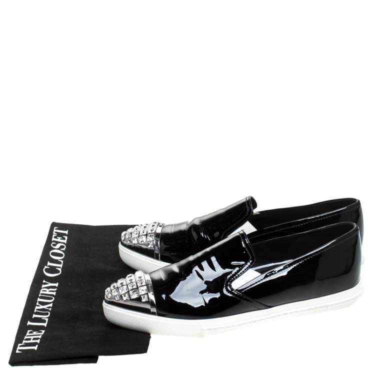 Pre Owned Miu Miu Black Patent Leather Embellished Slip On Loafers Size 37