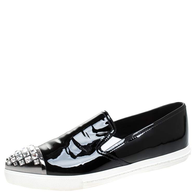 Pre Owned Miu Miu Black Patent Leather Embellished Slip On Loafers Size 37