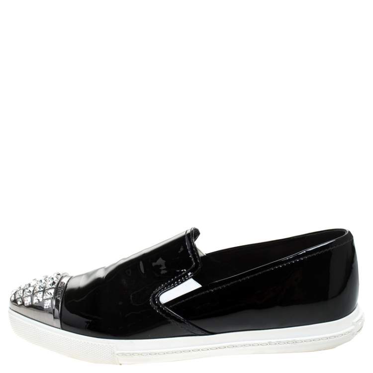 Pre Owned Miu Miu Black Patent Leather Embellished Slip On Loafers Size 37