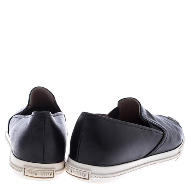 Pre Owned Miu Miu Black Leather Metal Cap Toe Slip On Sneakers Size 36.5