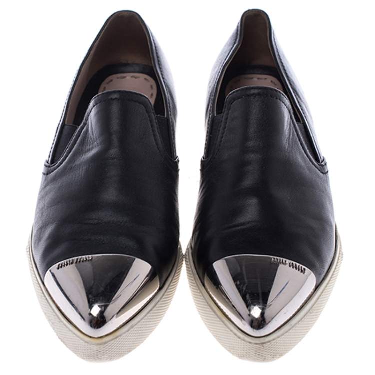 Pre Owned Miu Miu Black Leather Metal Cap Toe Slip On Sneakers Size 36.5