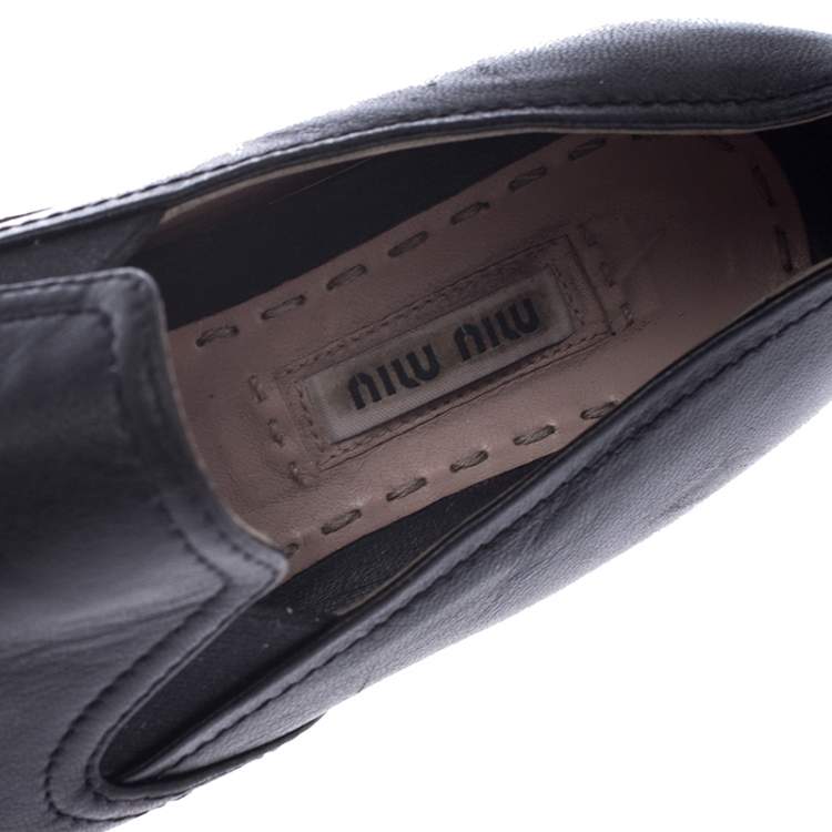 Pre Owned Miu Miu Black Leather Metal Cap Toe Slip On Sneakers Size 36.5