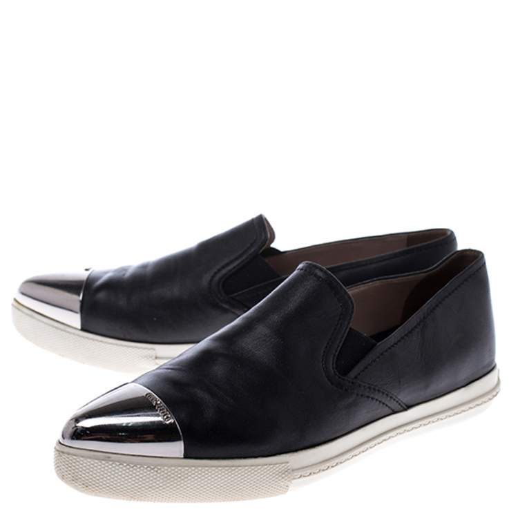 Pre Owned Miu Miu Black Leather Metal Cap Toe Slip On Sneakers Size 36.5