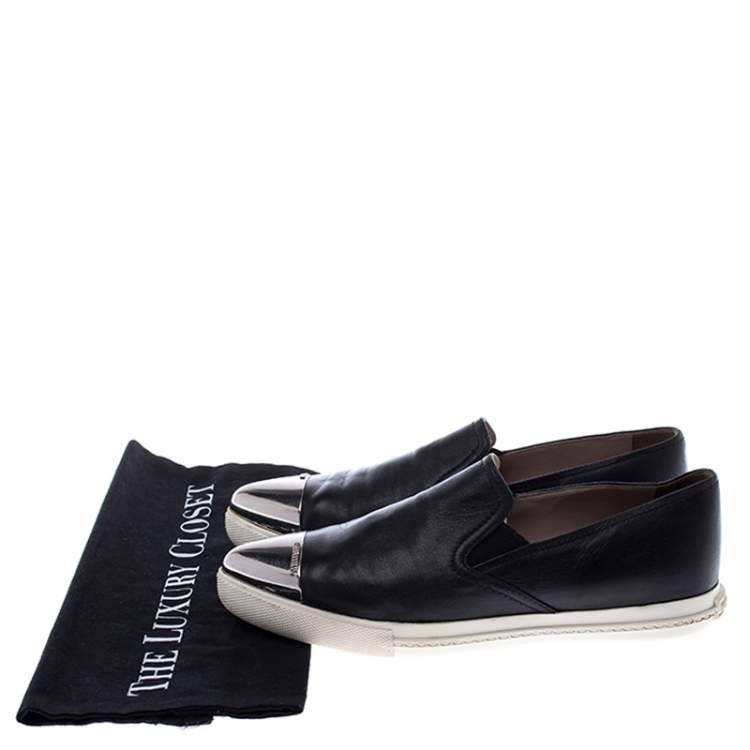 Pre Owned Miu Miu Black Leather Metal Cap Toe Slip On Sneakers Size 36.5