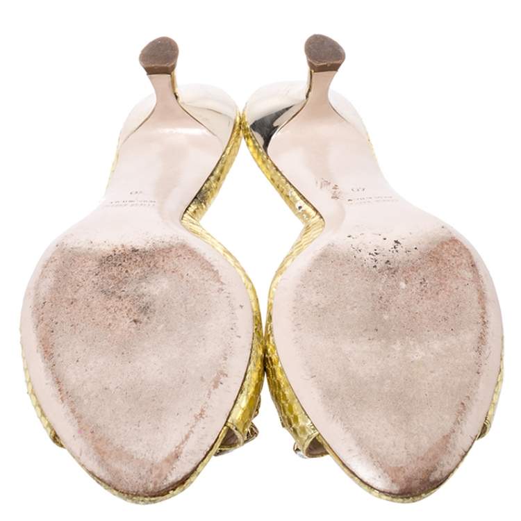 Pre Owned Miu Miu Metallic Gold Snake Embossed Leather Crystal Embellished Peep Toe Sandals Size 40