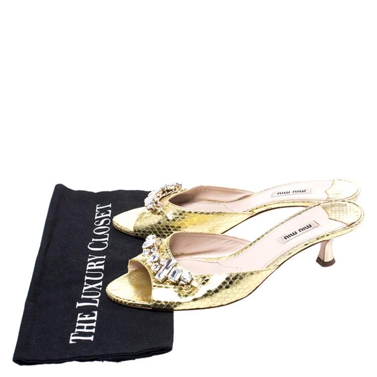 Pre Owned Miu Miu Metallic Gold Snake Embossed Leather Crystal Embellished Peep Toe Sandals Size 40