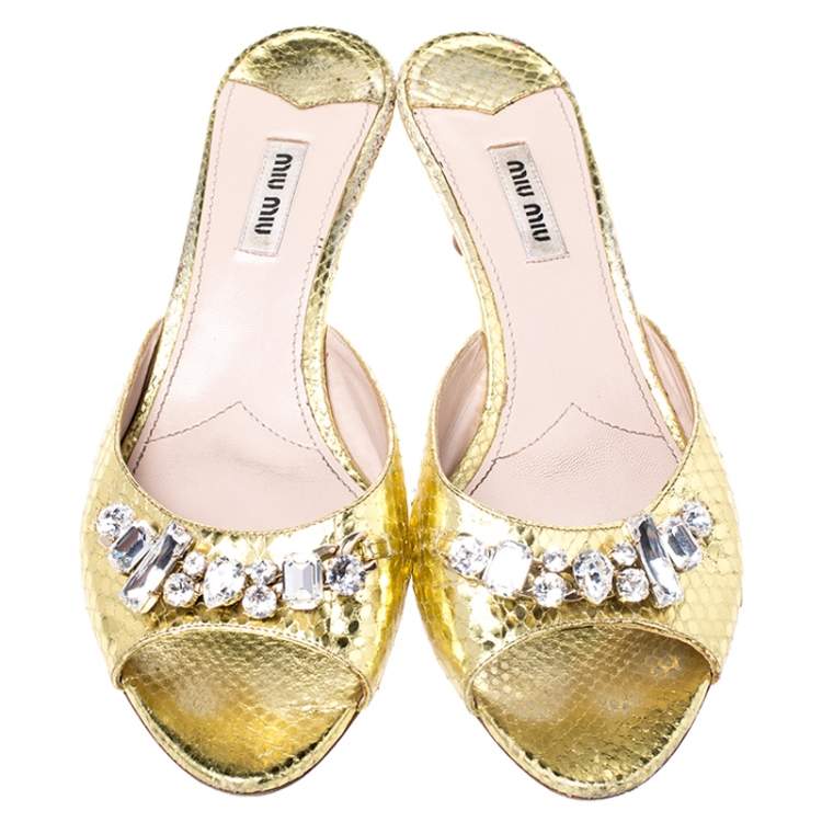 Pre Owned Miu Miu Metallic Gold Snake Embossed Leather Crystal Embellished Peep Toe Sandals Size 40