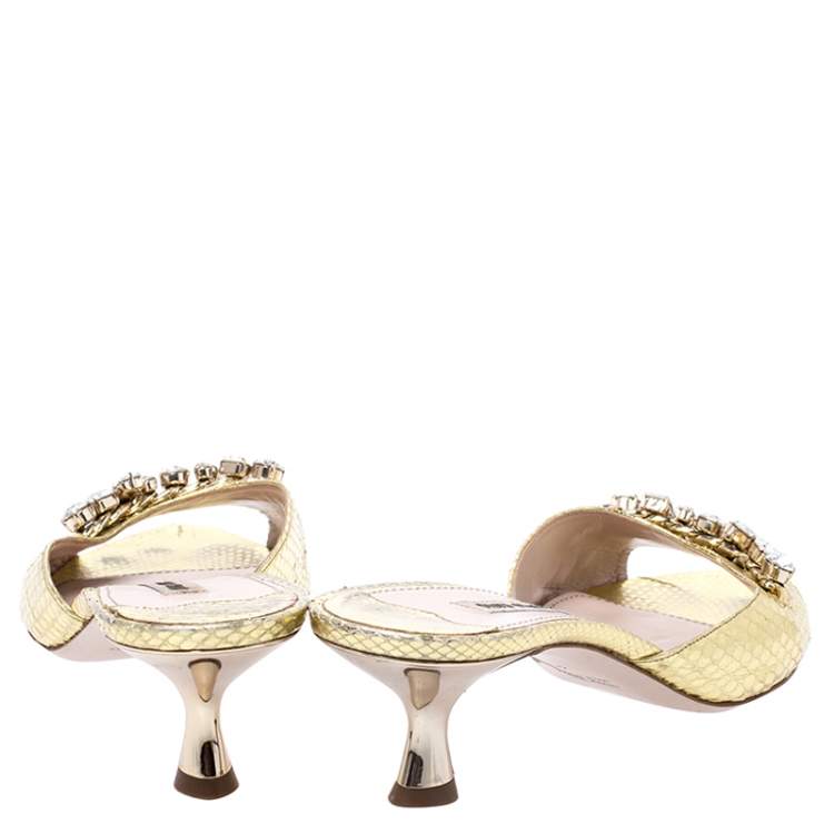 Pre Owned Miu Miu Metallic Gold Snake Embossed Leather Crystal Embellished Peep Toe Sandals Size 40
