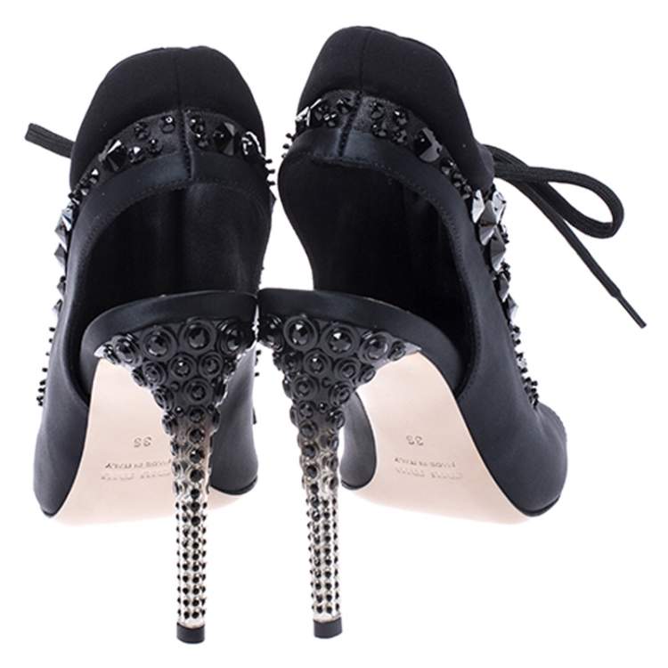 Pre Owned Miu Miu Black Satin And Fabric Crystal Embellished Open Toe Slingback Sandals Size 36