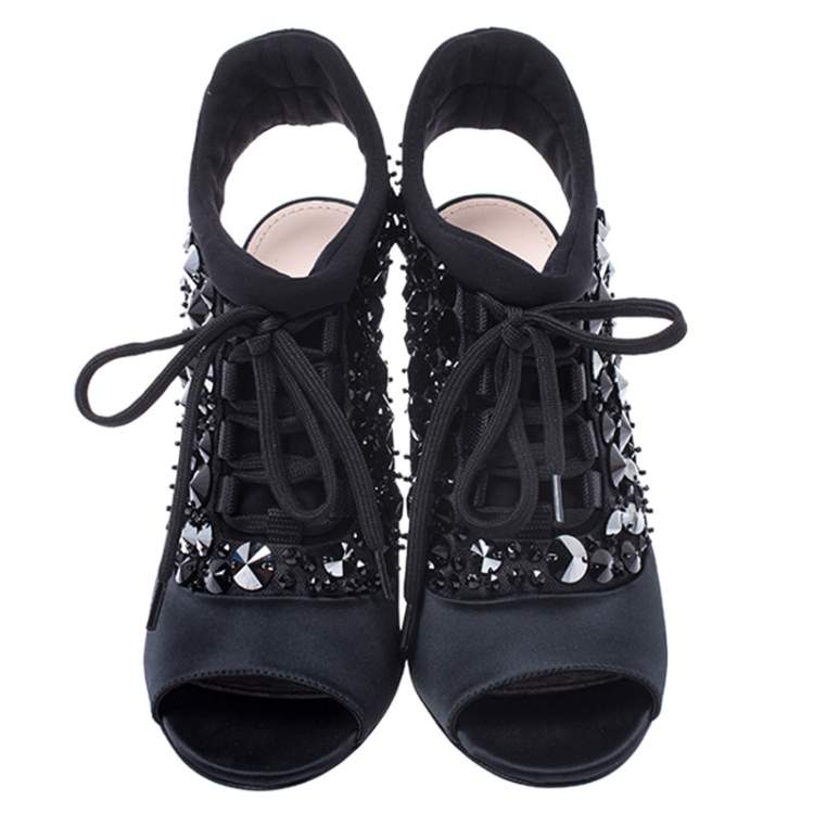 Pre Owned Miu Miu Black Satin And Fabric Crystal Embellished Open Toe Slingback Sandals Size 36
