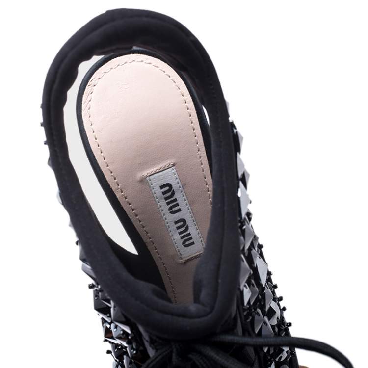 Pre Owned Miu Miu Black Satin And Fabric Crystal Embellished Open Toe Slingback Sandals Size 36