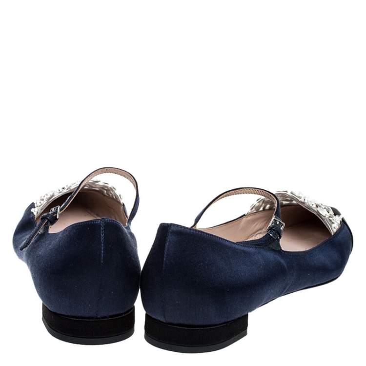 Pre Owned Miu Miu Blue/Black Satin Crystal Embellished Mary Jane Pointed Toe Ballet Flats Size 38.5