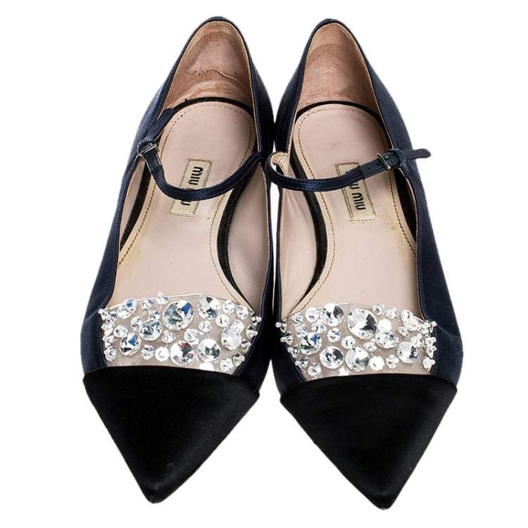 Pre Owned Miu Miu Blue/Black Satin Crystal Embellished Mary Jane Pointed Toe Ballet Flats Size 38.5