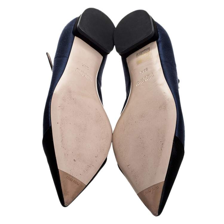 Pre Owned Miu Miu Blue/Black Satin Crystal Embellished Mary Jane Pointed Toe Ballet Flats Size 38.5