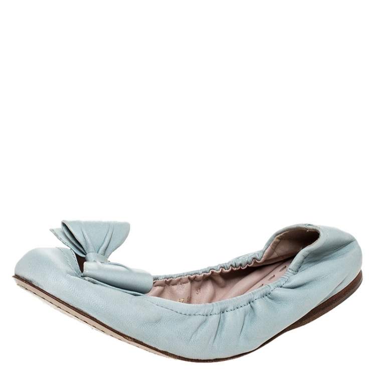 Pre Owned Miu Miu Blue Leather Scrunch Bow Ballet Flats Size 37