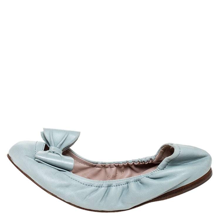 Pre Owned Miu Miu Blue Leather Scrunch Bow Ballet Flats Size 37