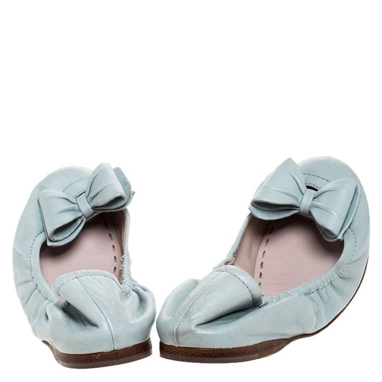 Pre Owned Miu Miu Blue Leather Scrunch Bow Ballet Flats Size 37