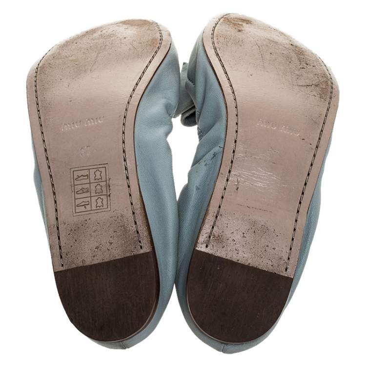 Pre Owned Miu Miu Blue Leather Scrunch Bow Ballet Flats Size 37
