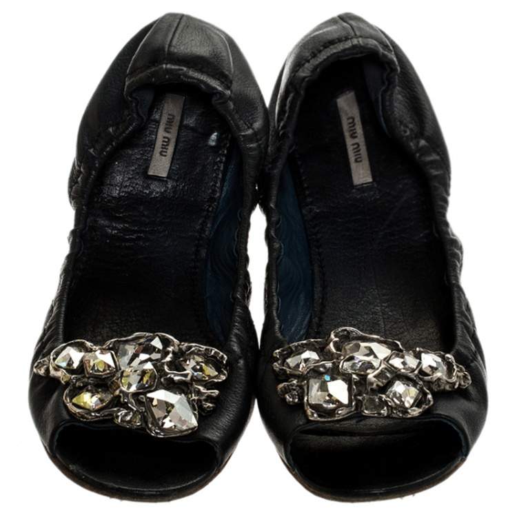 Pre Owned Miu Miu Blue Leather Crystal Embellished Open Toe Scrunch Ballet Flats Size 36.5